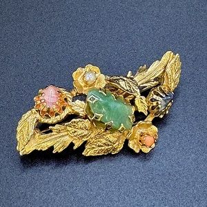 Vintage multi gemstone gold tone pin brooch estate find